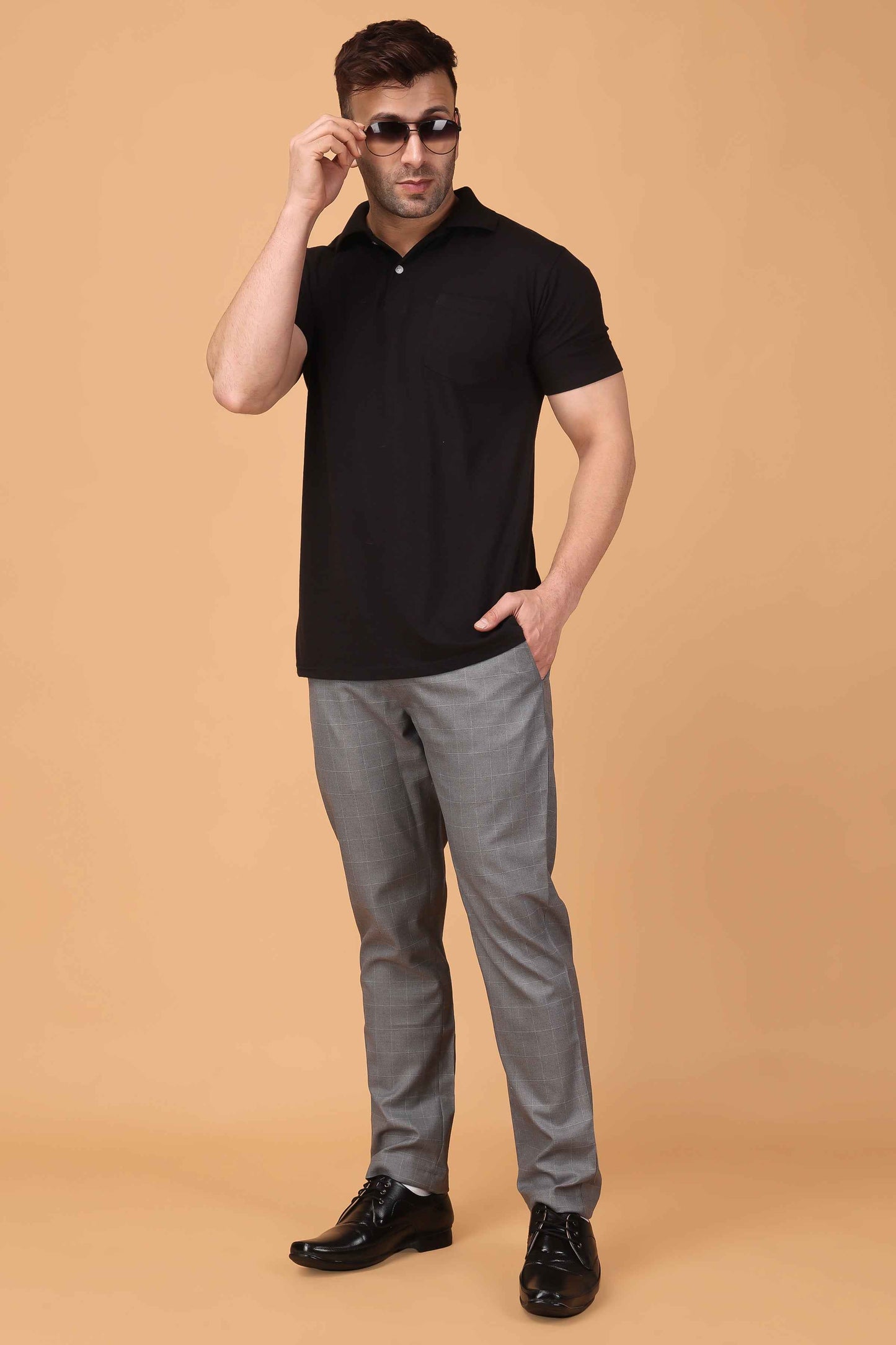 Buy Plus Size Graphite Checked Comfort Fit Trousers At Apella | Sizes XS to 10 XL | India | Free Delivery | Customized