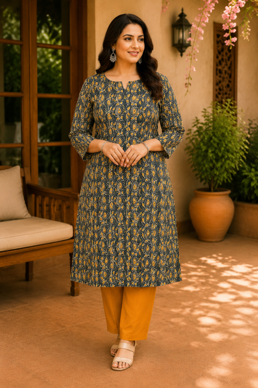 Green Block Printed Katha Kurta