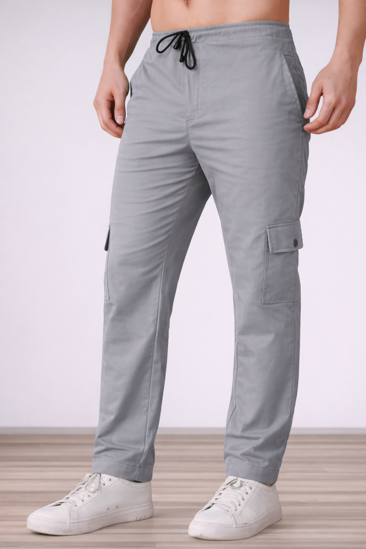 Grey Textured Cotton Cargo Pants