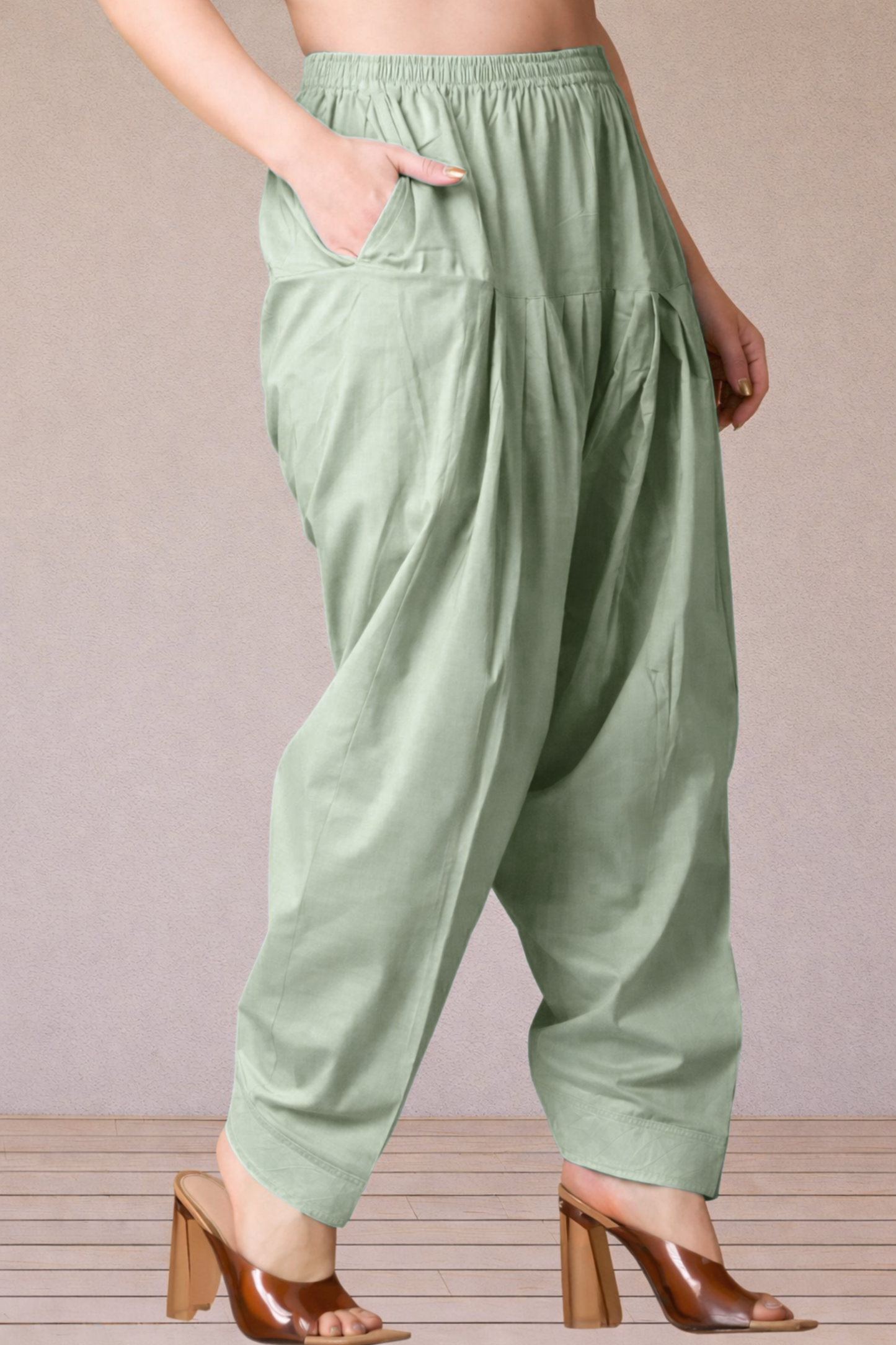 Greyish Green Pleated Cotton Salwar