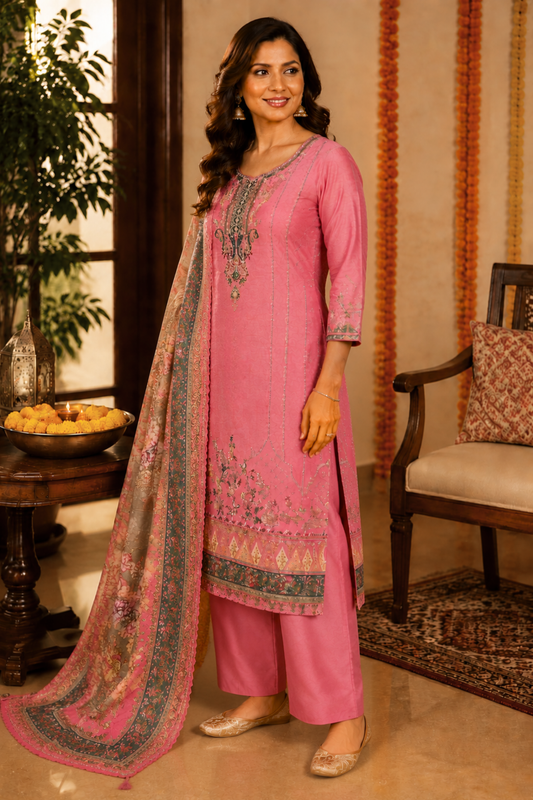 Gulnoor Karachi Muslin Dress Material with Aari Work
