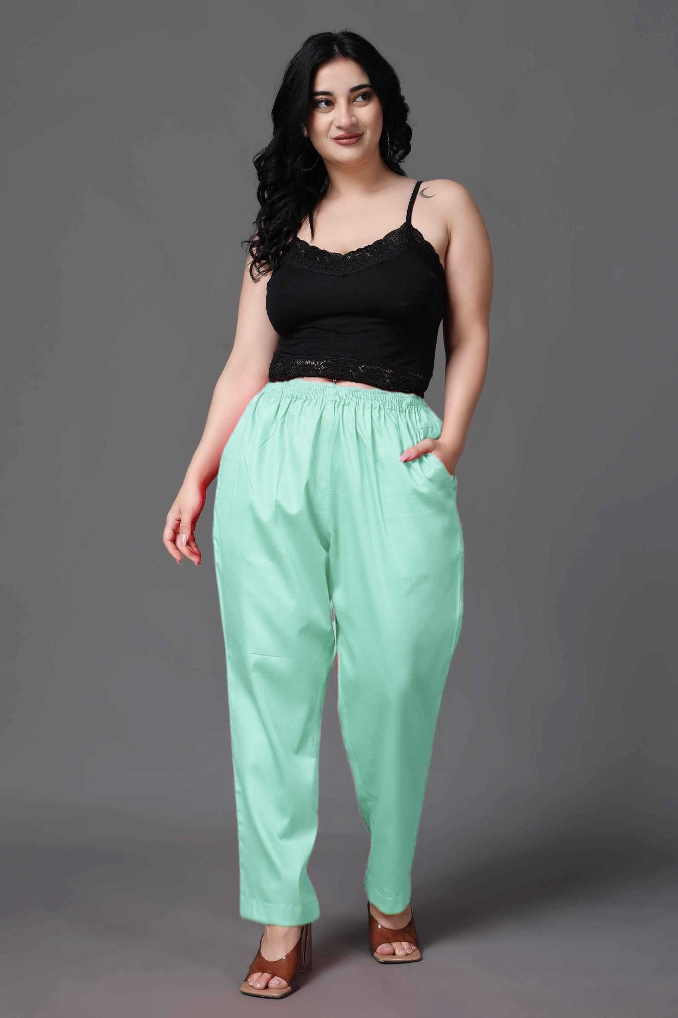 Mint Blue Cotton Metallic Pant Palazzo