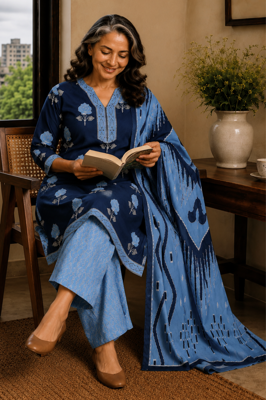 Indigo Poetry Cotton Straight Suit