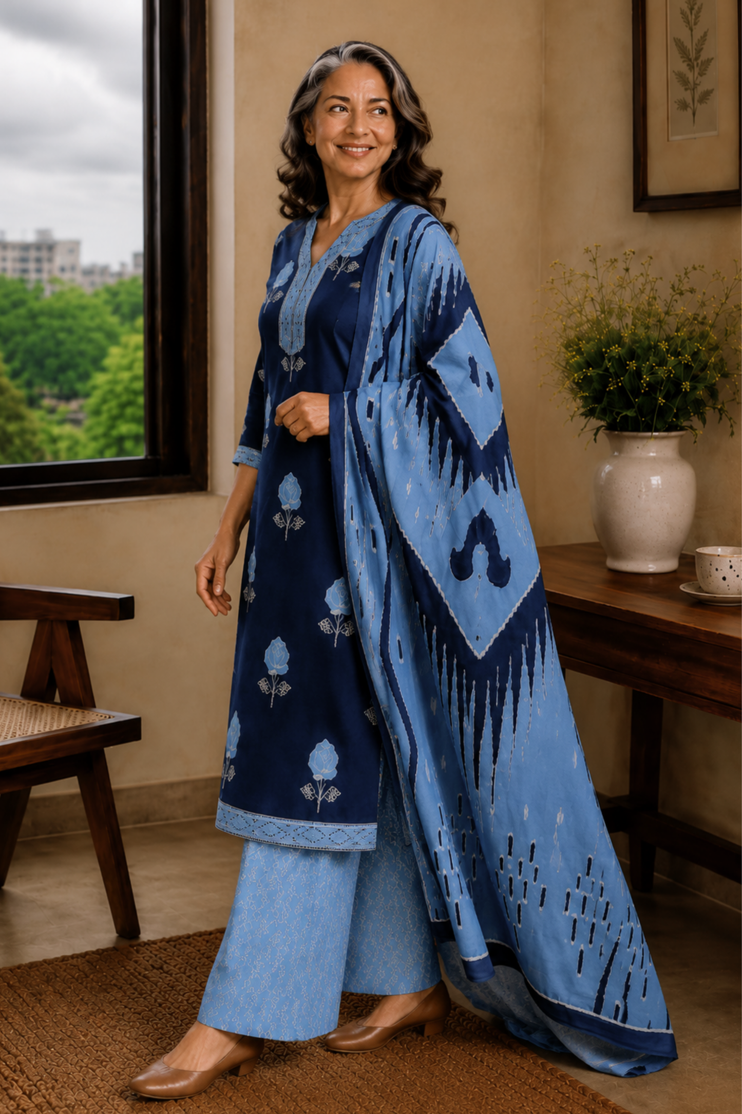 Indigo Poetry Cotton Straight Suit