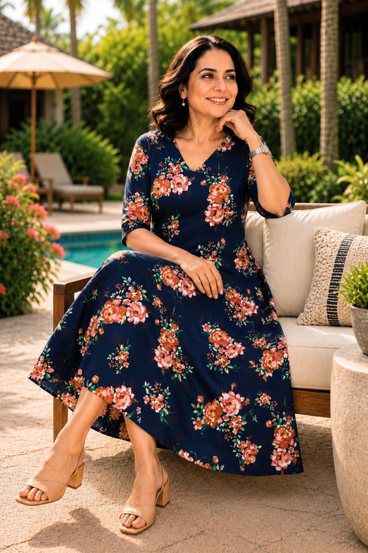Indigo Rose Printed Dress With Pockets