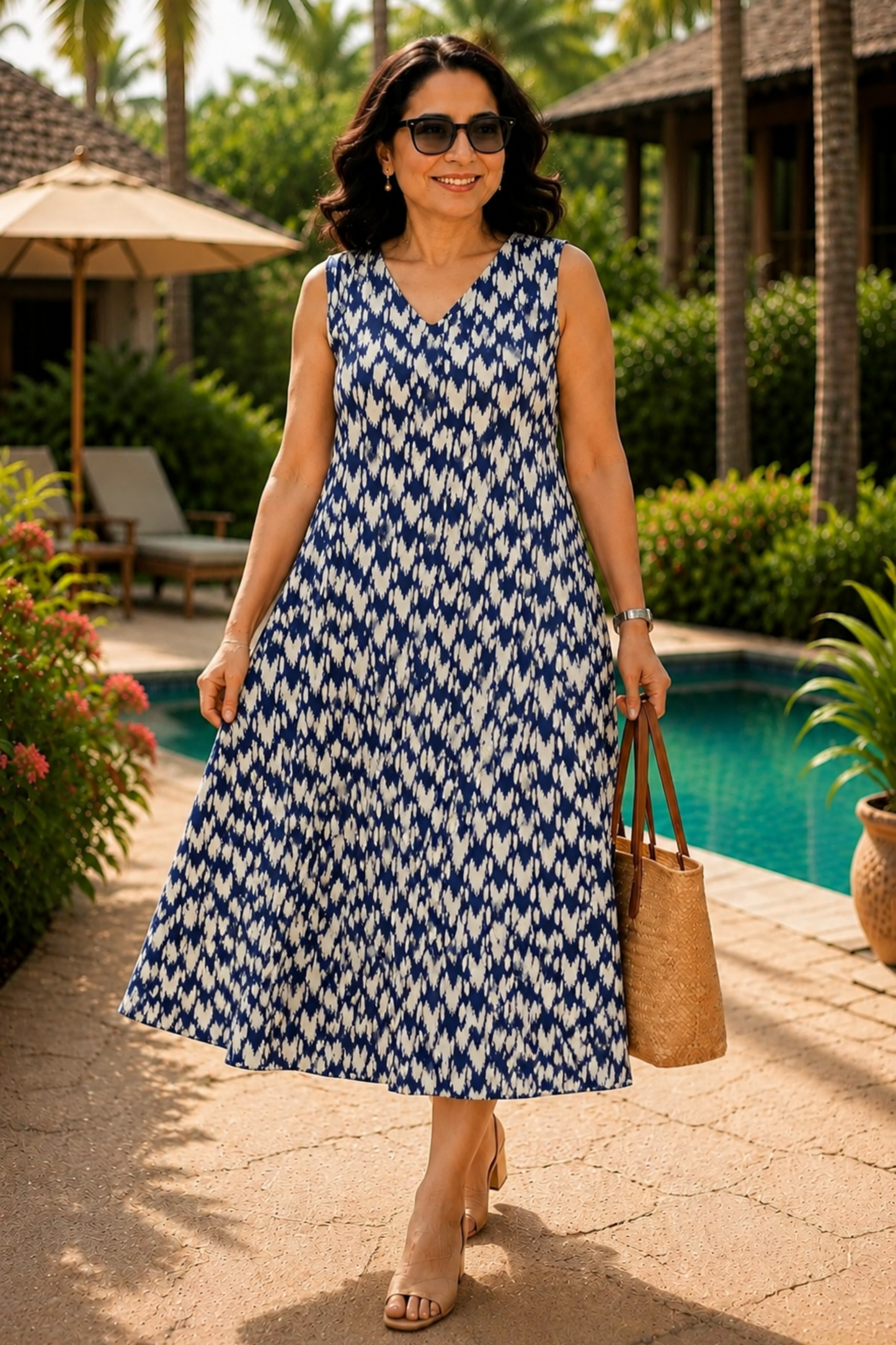 Indigo Wave Printed Dress With Pockets