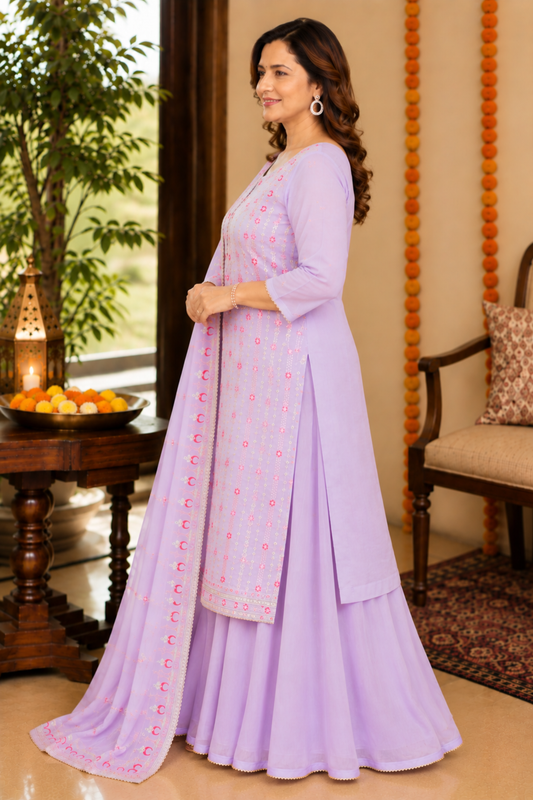 Lavender Sequin Organza Skirt Suit