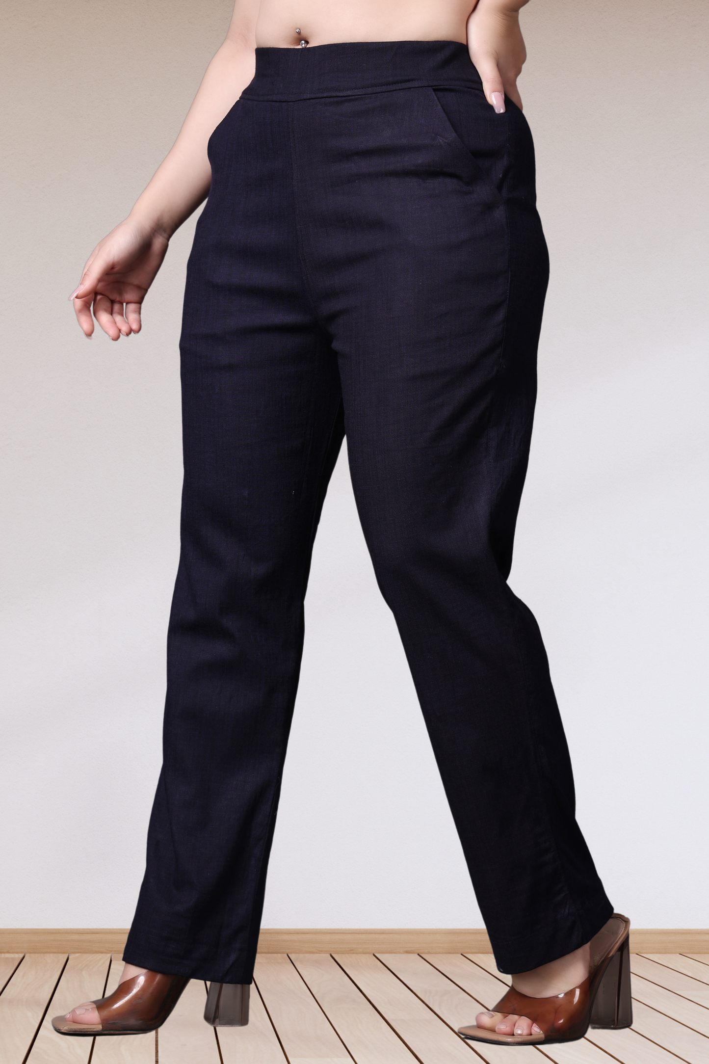 Buy Plus Size Navy Lycra Slub Pants At Apella | Sizes XS to 10 XL | India | Free Delivery | Customized