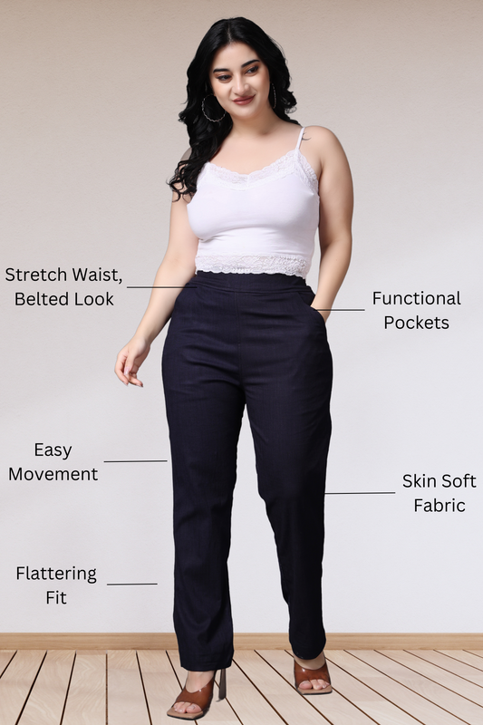 Buy Plus Size Navy Lycra Slub Pants At Apella | Sizes XS to 10 XL | India | Free Delivery | Customized