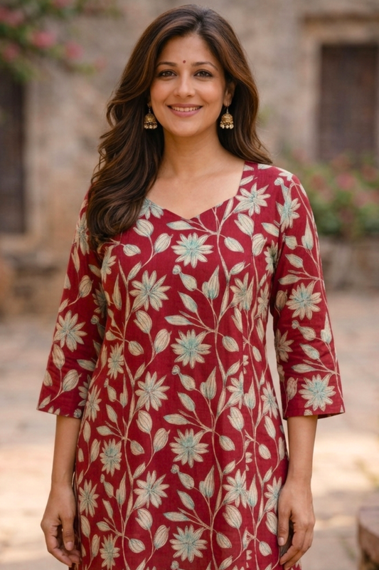 Maroon Floral Cotton Kurta