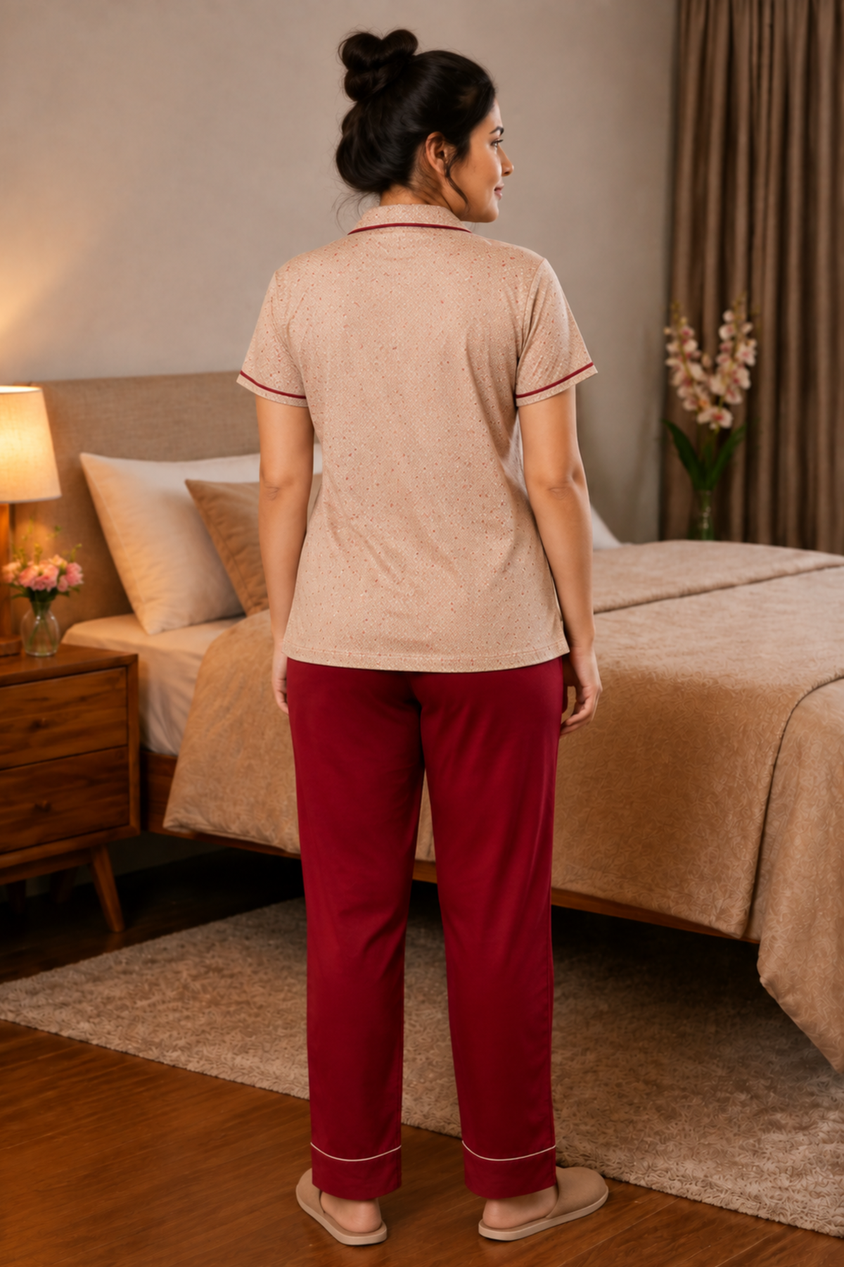 Maroon Printed Night Suit