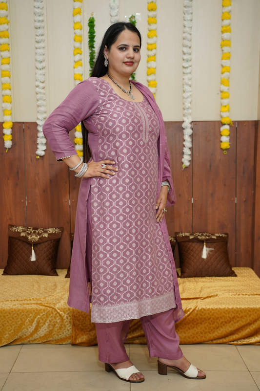 Buy Plus Size Mauve Taupe Jacquard Linen Suit At Apella | Sizes XS to 10 XL | India | Free Delivery | Customized