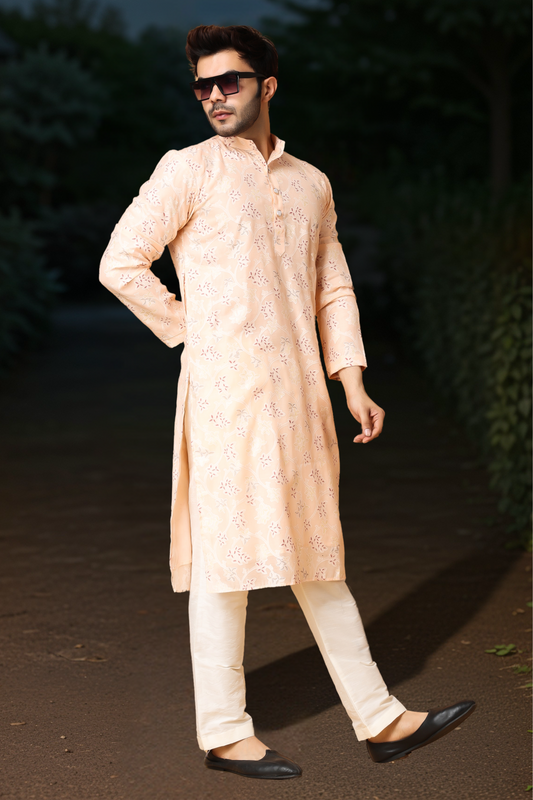 Buy Plus Size Breezy Peach Printed Kurta Pajama At Apella | Sizes XS to 10 XL | India | Free Delivery | Customized