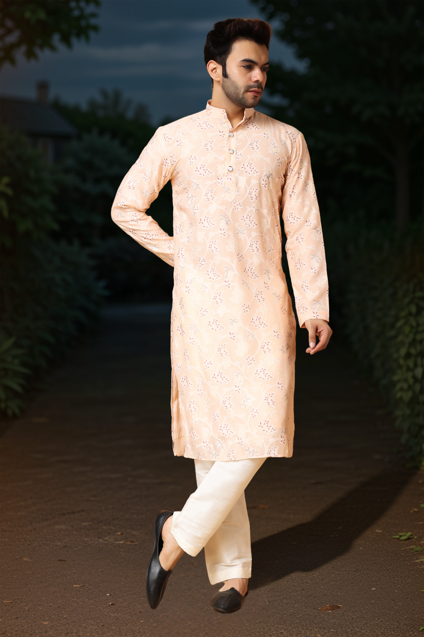 Buy Plus Size Breezy Peach Printed Kurta Pajama At Apella | Sizes XS to 10 XL | India | Free Delivery | Customized