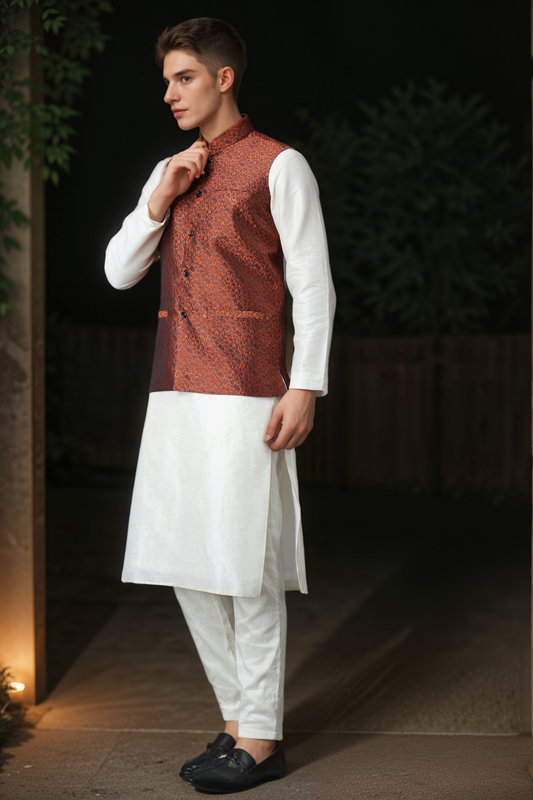 Buy Plus Size Celebratory White Silk Vasket Set At Apella | Sizes XS to 10 XL | India | Free Delivery | Customized