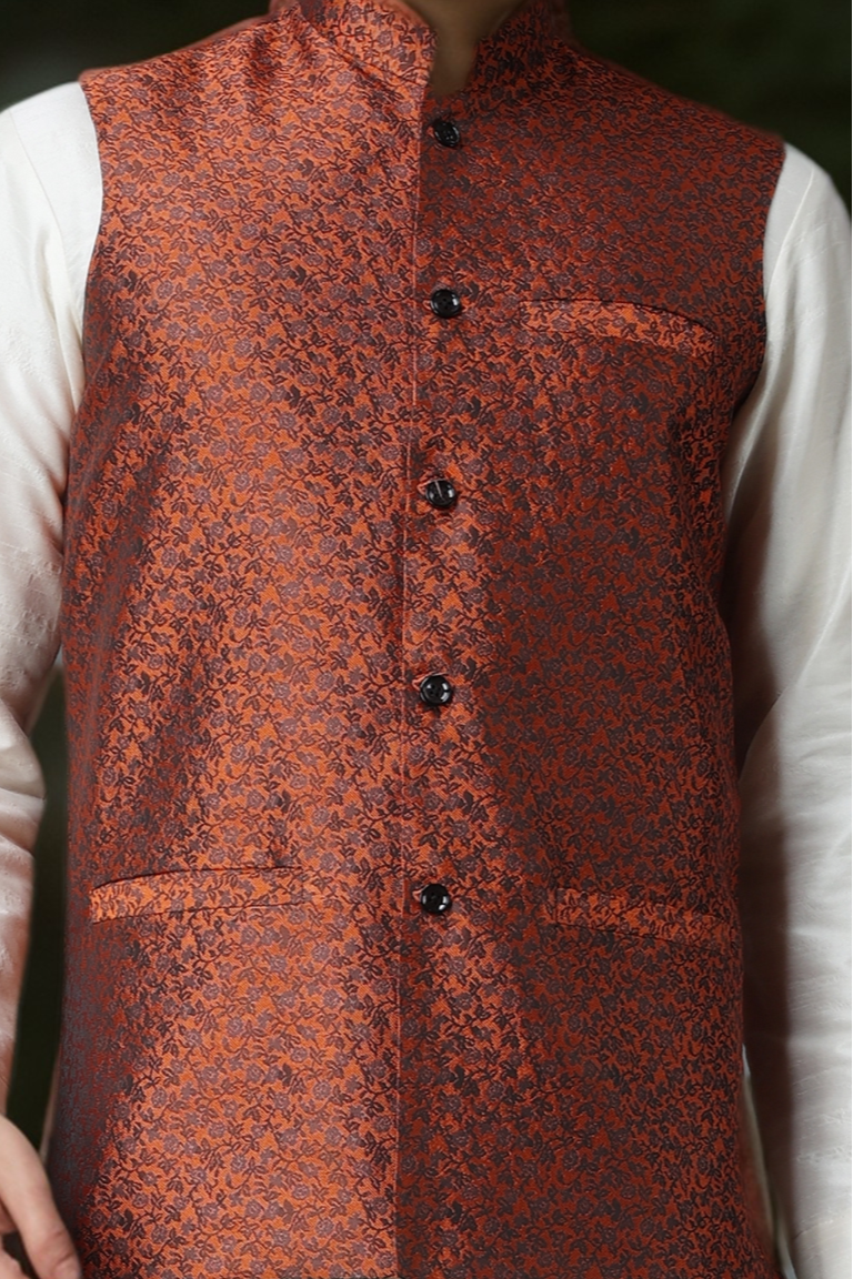 Buy Plus Size Celebratory Rust Brocade Vasket At Apella | Sizes XS to 10 XL | India | Free Delivery | Customized