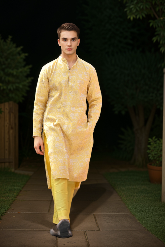 Buy Plus Size Gleaming Yellow Brocade Kurta Pajama At Apella | Sizes XS to 10 XL | India | Free Delivery | Customized