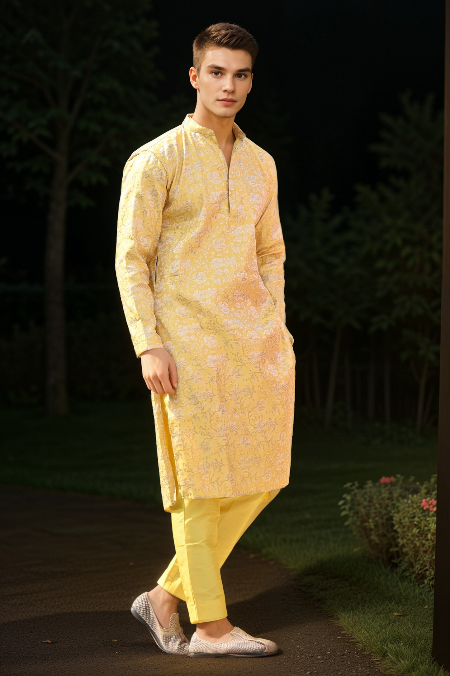 Buy Plus Size Gleaming Yellow Brocade Kurta Pajama At Apella | Sizes XS to 10 XL | India | Free Delivery | Customized