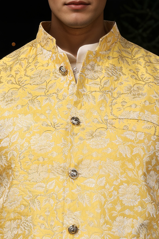 Buy Plus Size Haldi Yellow Brocade Vasket At Apella | Sizes XS to 10 XL | India | Free Delivery | Customized