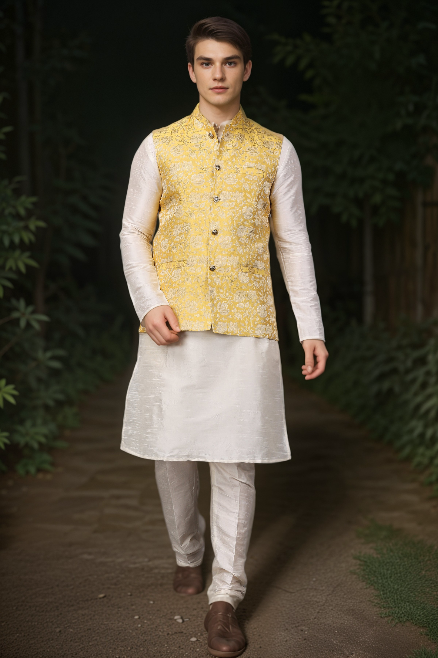 Buy Plus Size Haldi Yellow Brocade Vasket At Apella | Sizes XS to 10 XL | India | Free Delivery | Customized