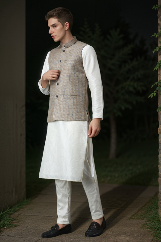 Buy Plus Size Ivory Festive Silk Jacket Set At Apella | Sizes XS to 10 XL | India | Free Delivery | Customized