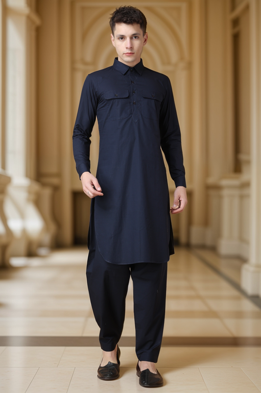 Buy Plus Size Marine Blue Cotton Kurta At Apella | Sizes XS to 10 XL | India | Free Delivery | Customized