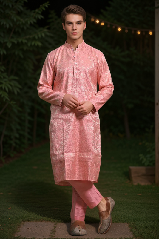 Buy Plus Size Peach Luster Brocade Kurta Pajama At Apella | Sizes XS to 10 XL | India | Free Delivery | Customized