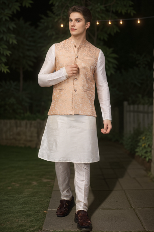 Buy Plus Size Apricot Aurora Brocade Vasket Set At Apella | Sizes XS to 10 XL | India | Free Delivery | Customized