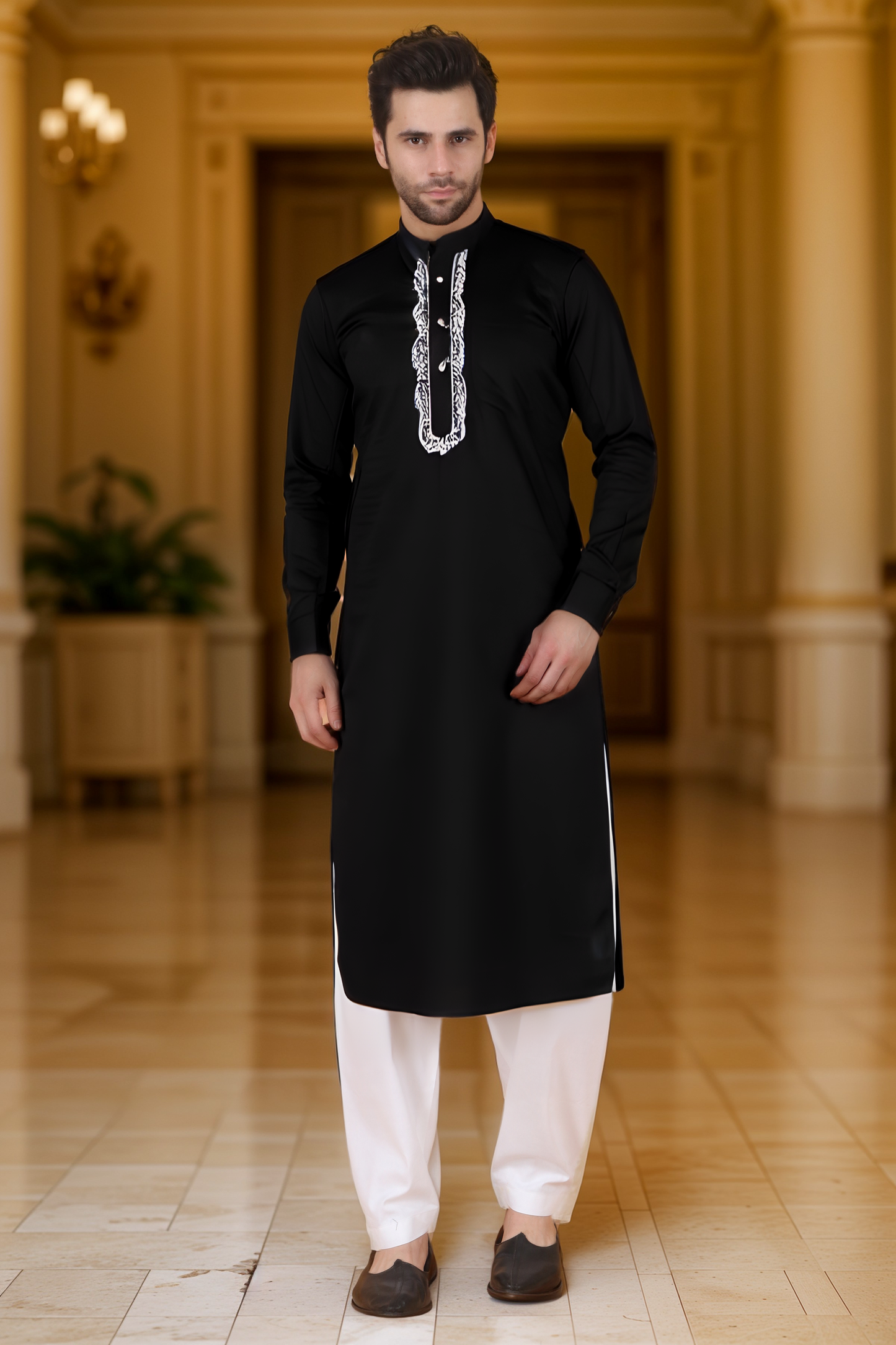 Black Embroidered Cotton Kurta