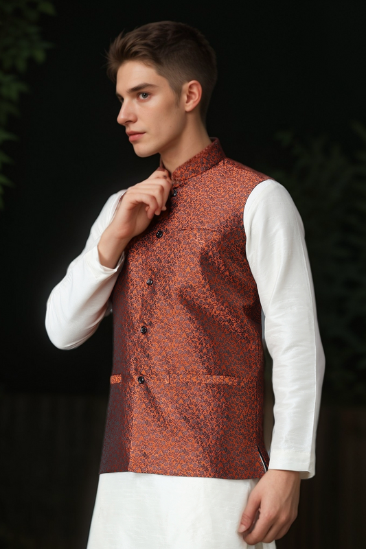 Buy Plus Size Celebratory Rust Brocade Vasket At Apella | Sizes XS to 10 XL | India | Free Delivery | Customized