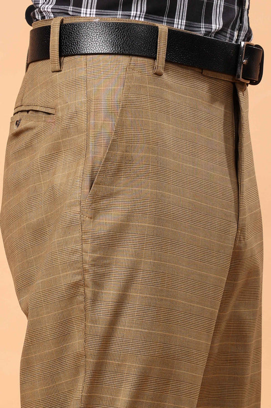 Warm Beige Checked Formal Trousers