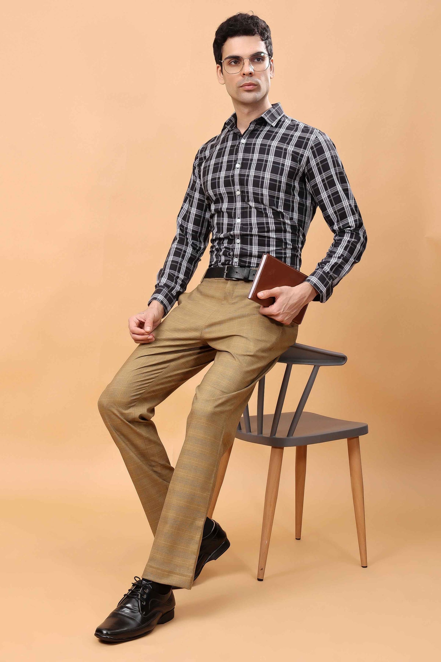 Warm Beige Checked Formal Trousers