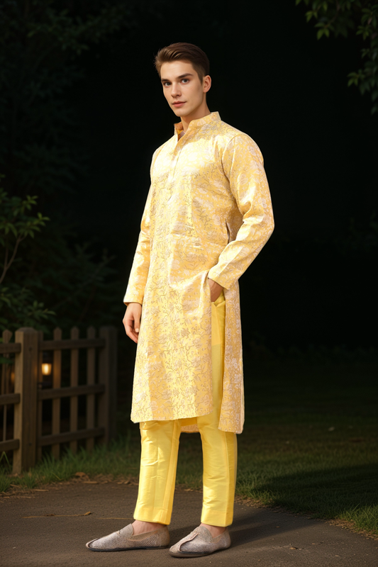 Buy Plus Size Gleaming Yellow Brocade Kurta At Apella | Sizes XS to 10 XL | India | Free Delivery | Customized