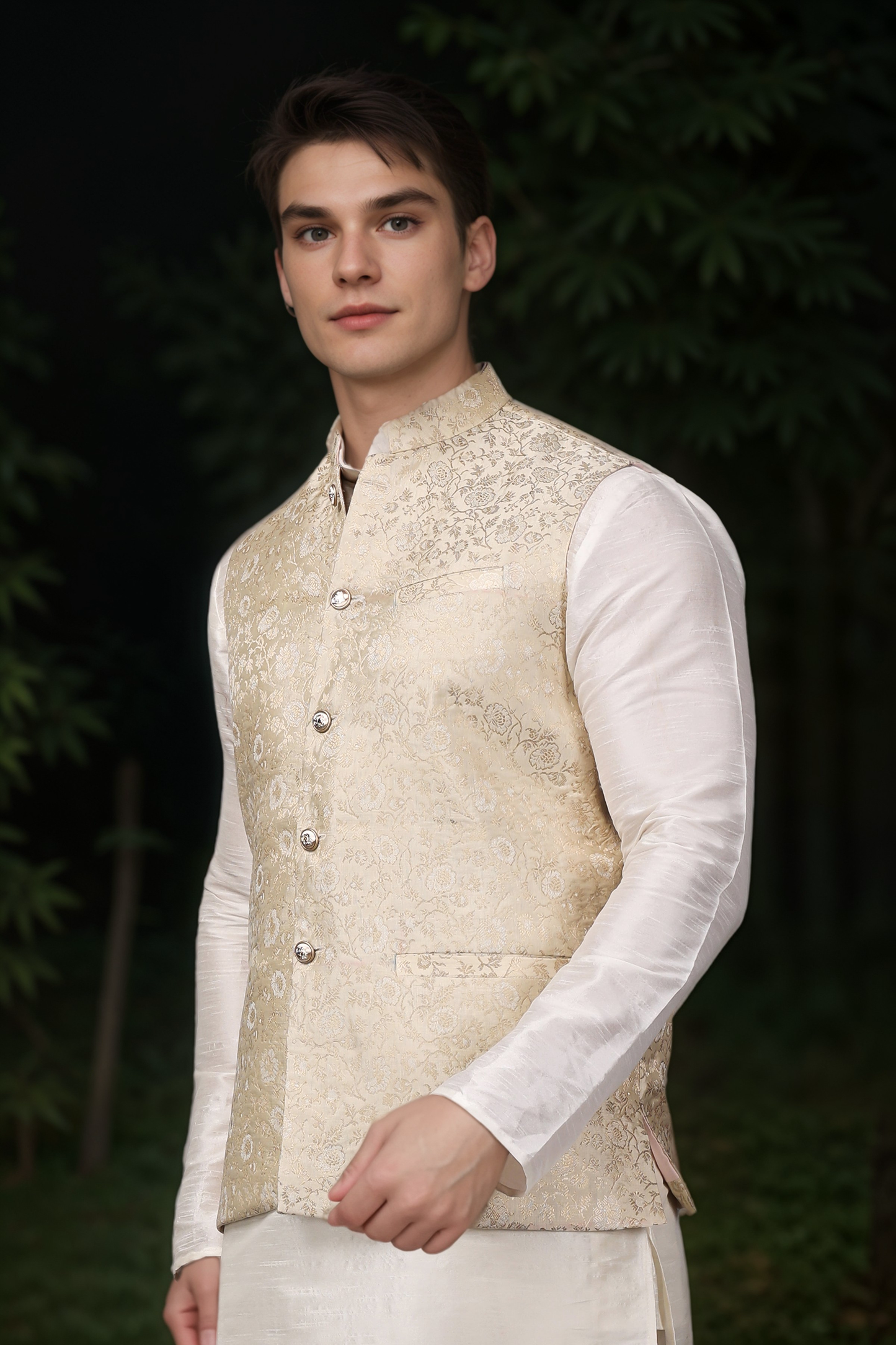 Buy Plus Size Ivory Glimmer Brocade Vasket At Apella | Sizes XS to 10 XL | India | Free Delivery | Customized