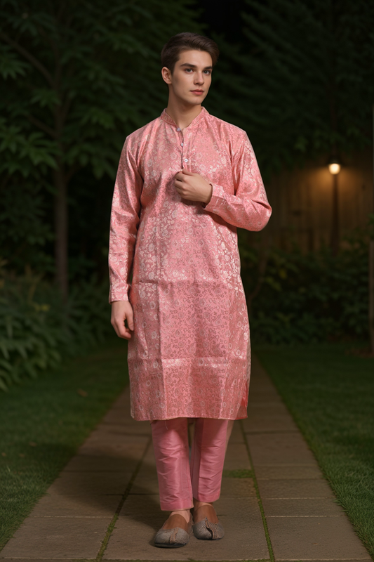 Buy Plus Size Peach Luster Brocade Kurta At Apella | Sizes XS to 10 XL | India | Free Delivery | Customized