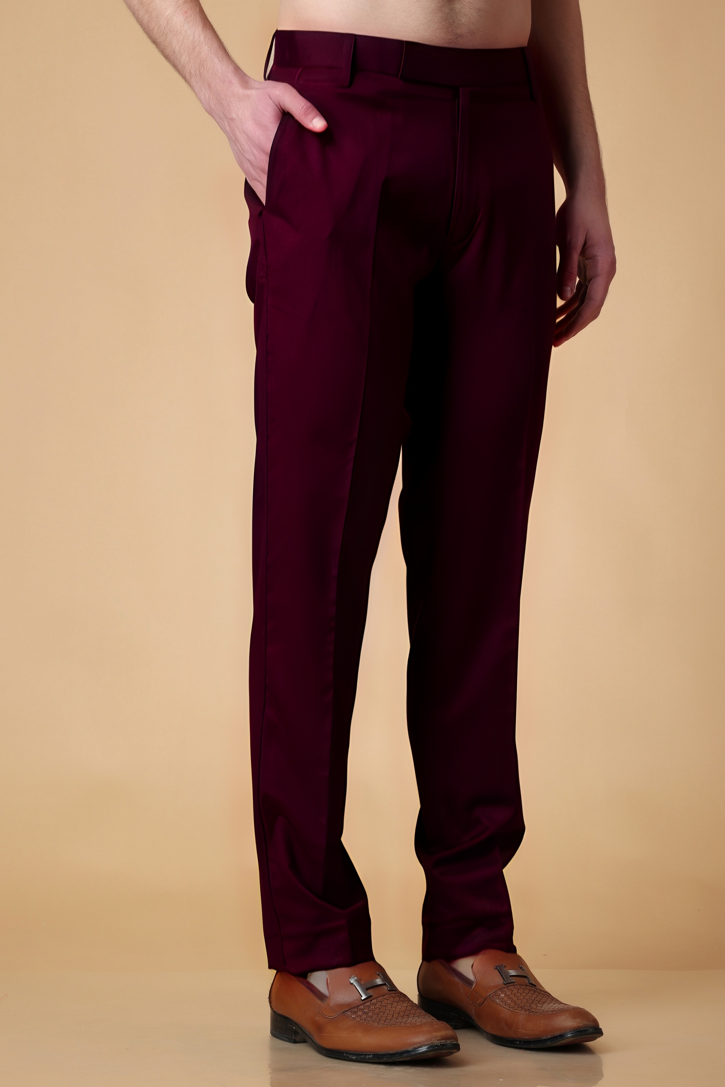 Buy Plus Size Windsor Wine Solid Stretch Trousers At Apella | Sizes XS to 10 XL | India | Free Delivery | Customized