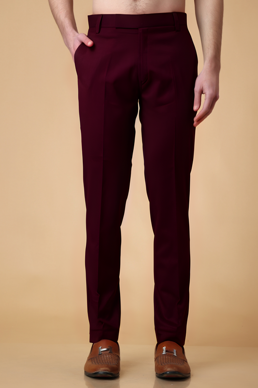 Buy Plus Size Windsor Wine Solid Stretch Trousers At Apella | Sizes XS to 10 XL | India | Free Delivery | Customized