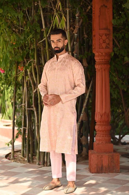 Buy Plus Size Peach Royale Brocade Kurta At Apella | Sizes XS to 10 XL | India | Free Delivery | Customized