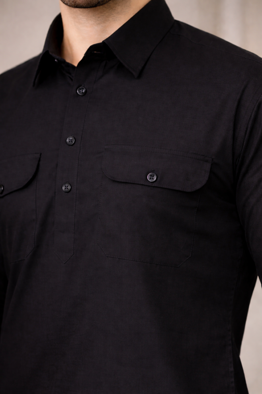 Midnight Black Cotton Pathani Suit