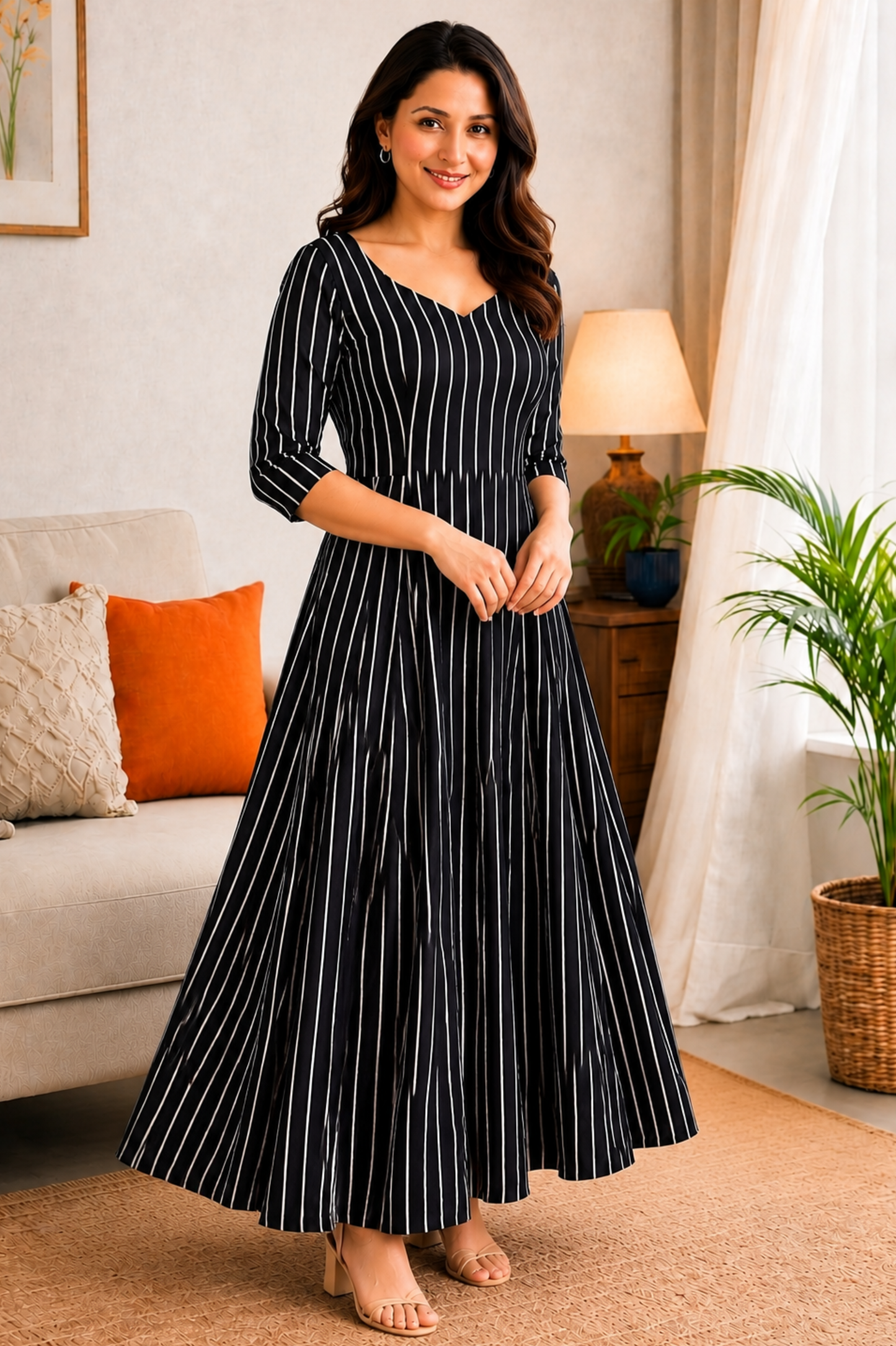 Midnight Stripe Rayon Dress With Pockets
