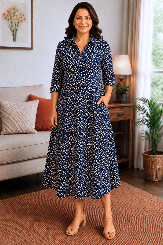 Midnight Dots Rayon Dress with Pockets