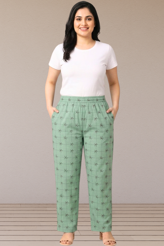 Mint Grid Buta Printed Cotton Pants
