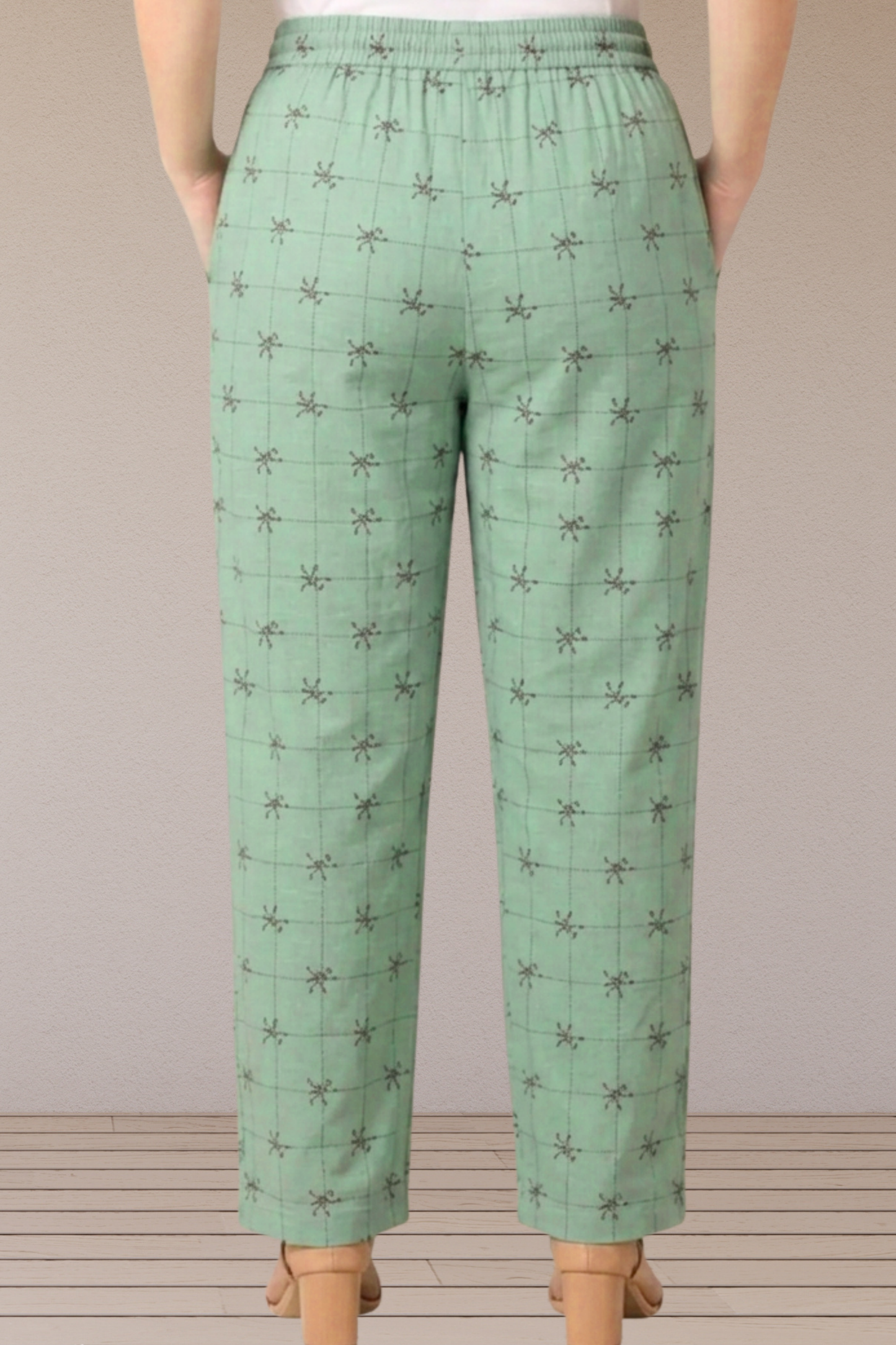 Mint Grid Buta Printed Cotton Pants