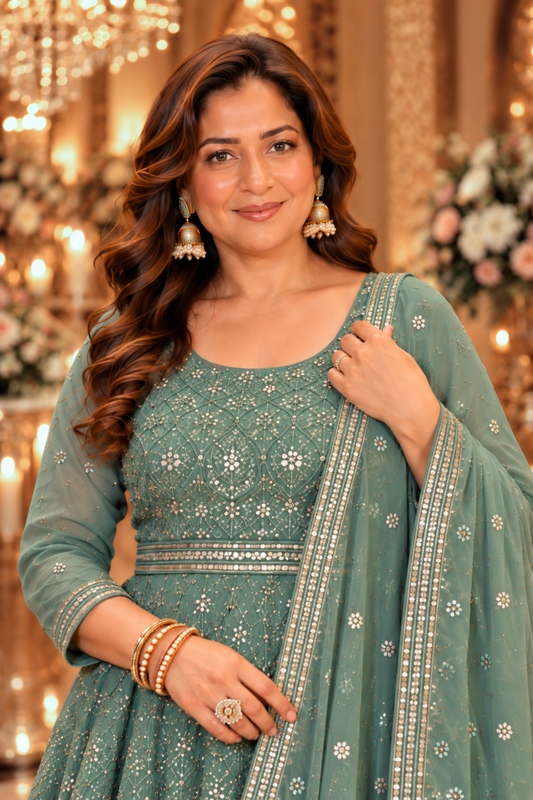 Misty Pistachio Georgette Dress with Dupatta