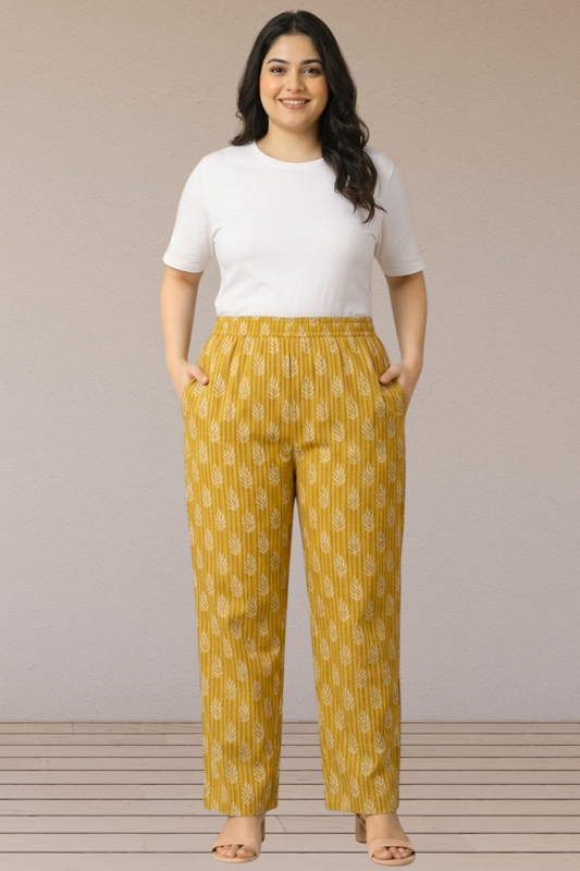 Mustard Leaf Printed Cotton Pants