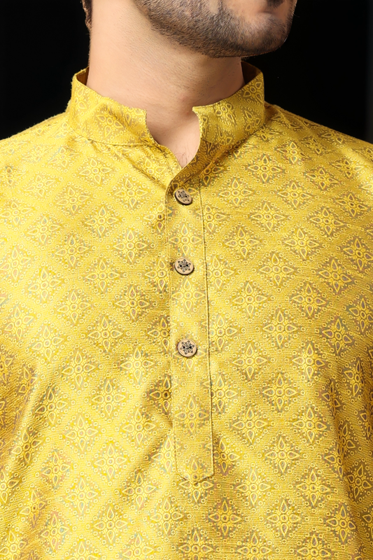Buy Plus Size Mustard Gold Jacquard Kurta Pajama At Apella | Sizes XS to 10 XL | India | Free Delivery | Customized
