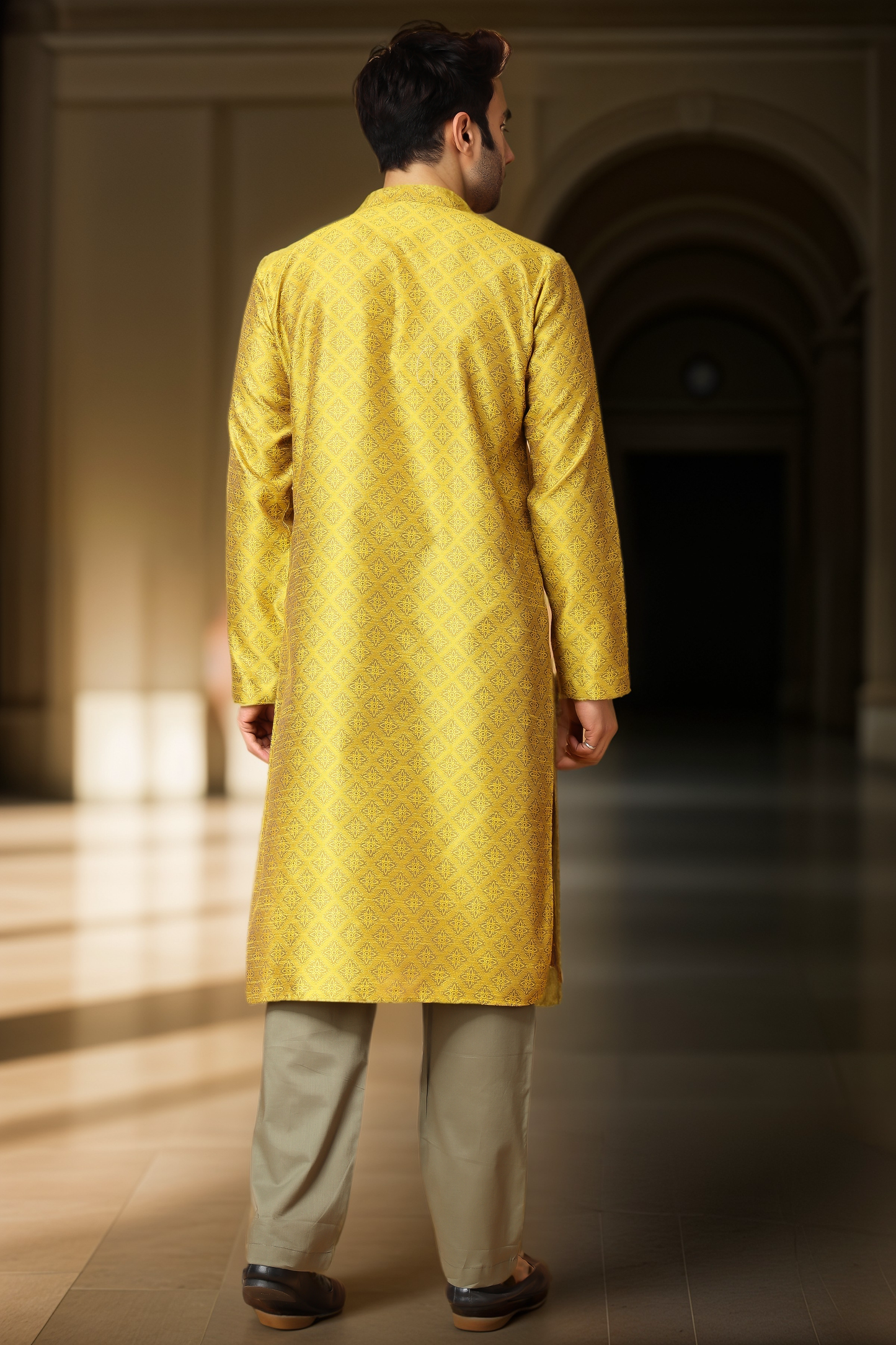 Buy Plus Size Mustard Gold Jacquard Kurta Pajama At Apella | Sizes XS to 10 XL | India | Free Delivery | Customized