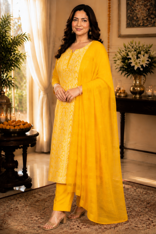 Mustard Gold Jacquard Linen Suit