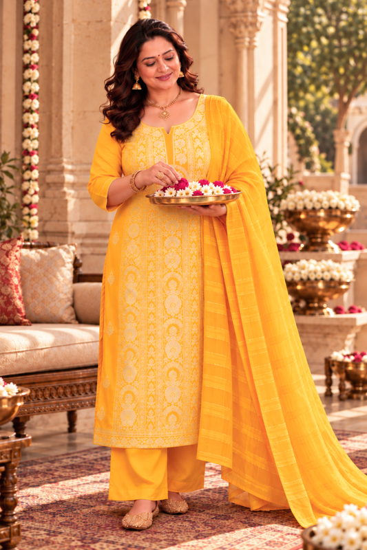 Mustard Gold Jacquard Linen Suit