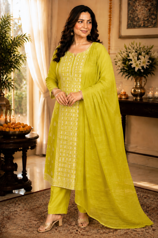 Mustard Olive Jacquard Linen Suit